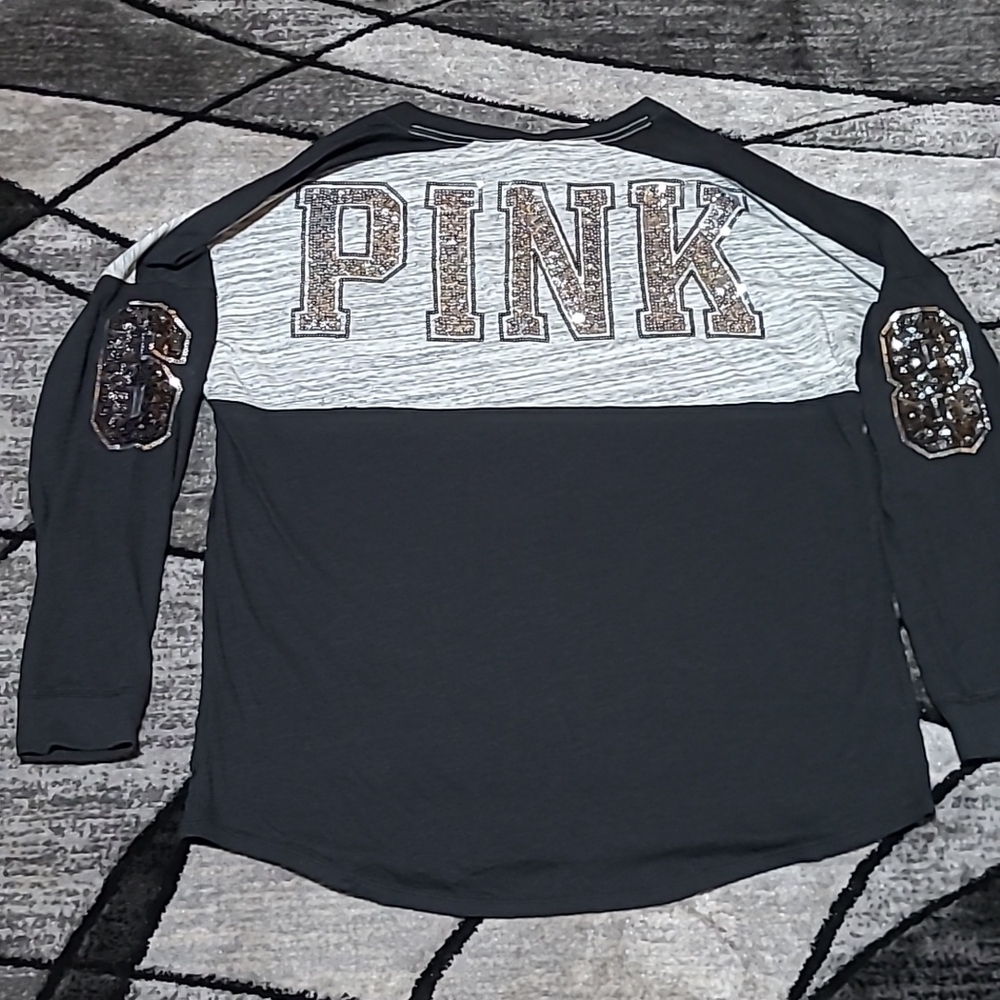VS PINK 2015 CAMPUS V-NECK BLING SEQUINS LONG-SLEEVE TEE-SHIRT